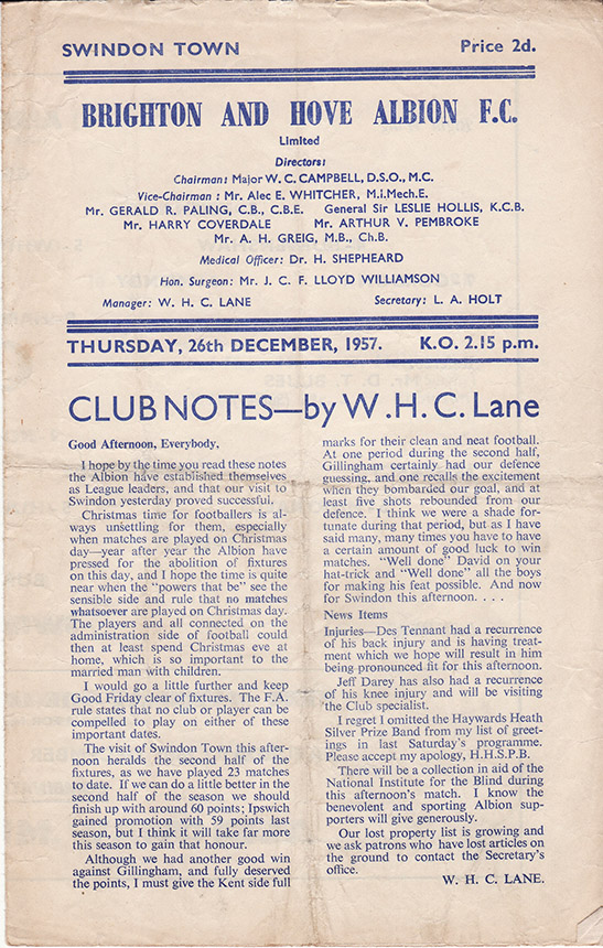 <b>Thursday, December 26, 1957</b><br />vs. Brighton and Hove Albion (Away)
